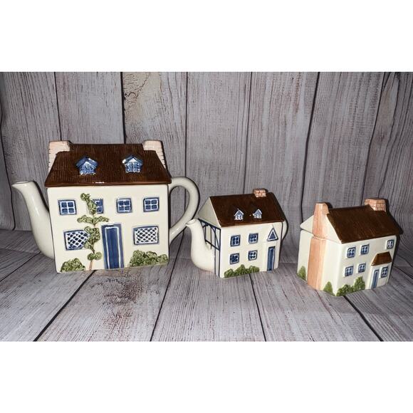 Haldon Group Blue Cream Ceramic Kitchen English Cottage Village Town Tea Set 3x - Picture 6 of 16
